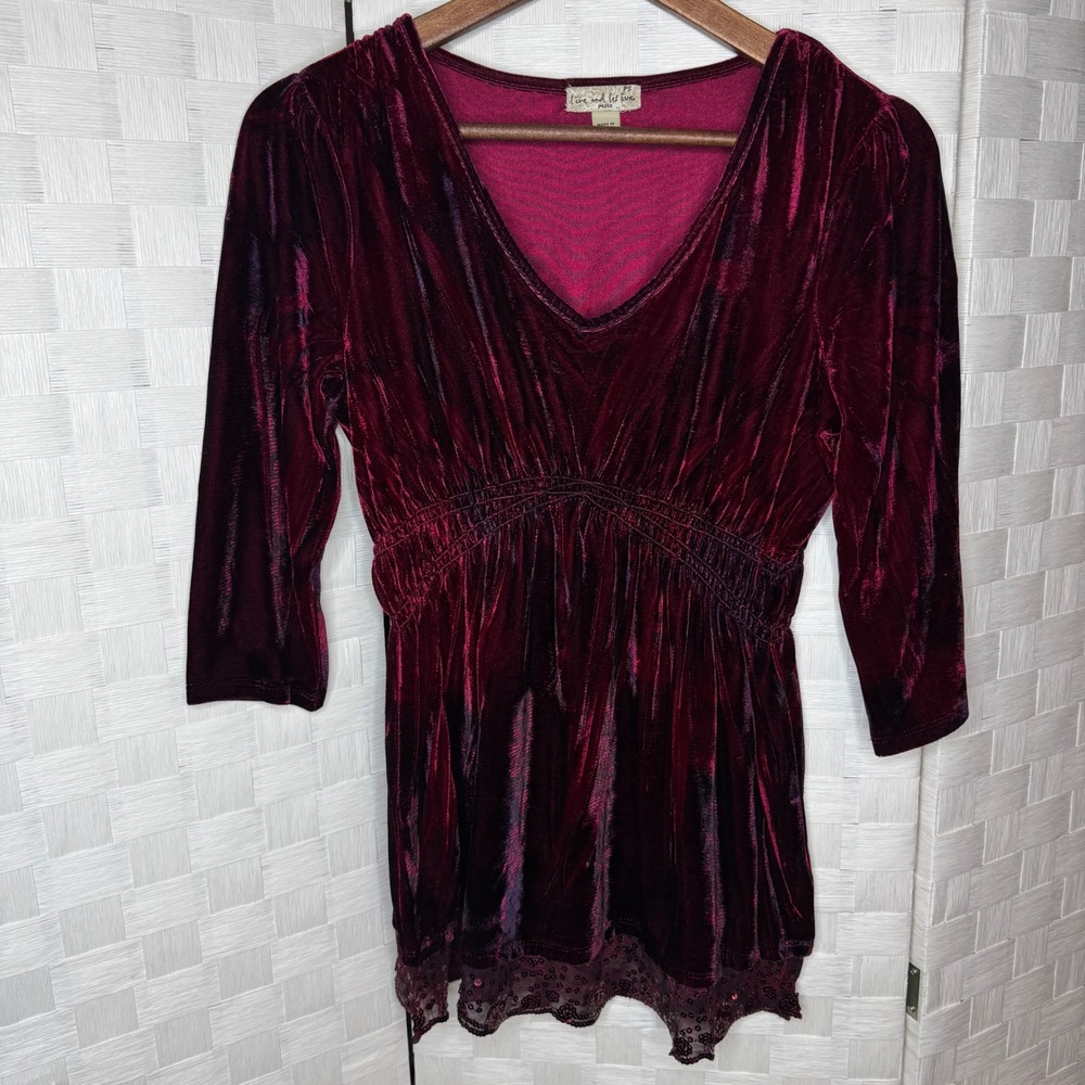 Witchy Boho Petite Burgundy Crushed Velvet Lace Sequin Empire Tunic Top Whimsy